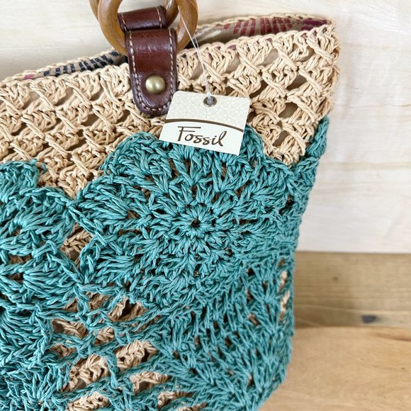 NWT‎ FOSSIL Hathaway Straw Tote Dark Teal and Tan Market Bag - Picture 4 of 6